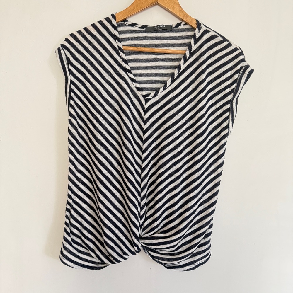 Coin 1804 Women Striped Black White V Neck Short Cap Sleeve Rolled Front Size L